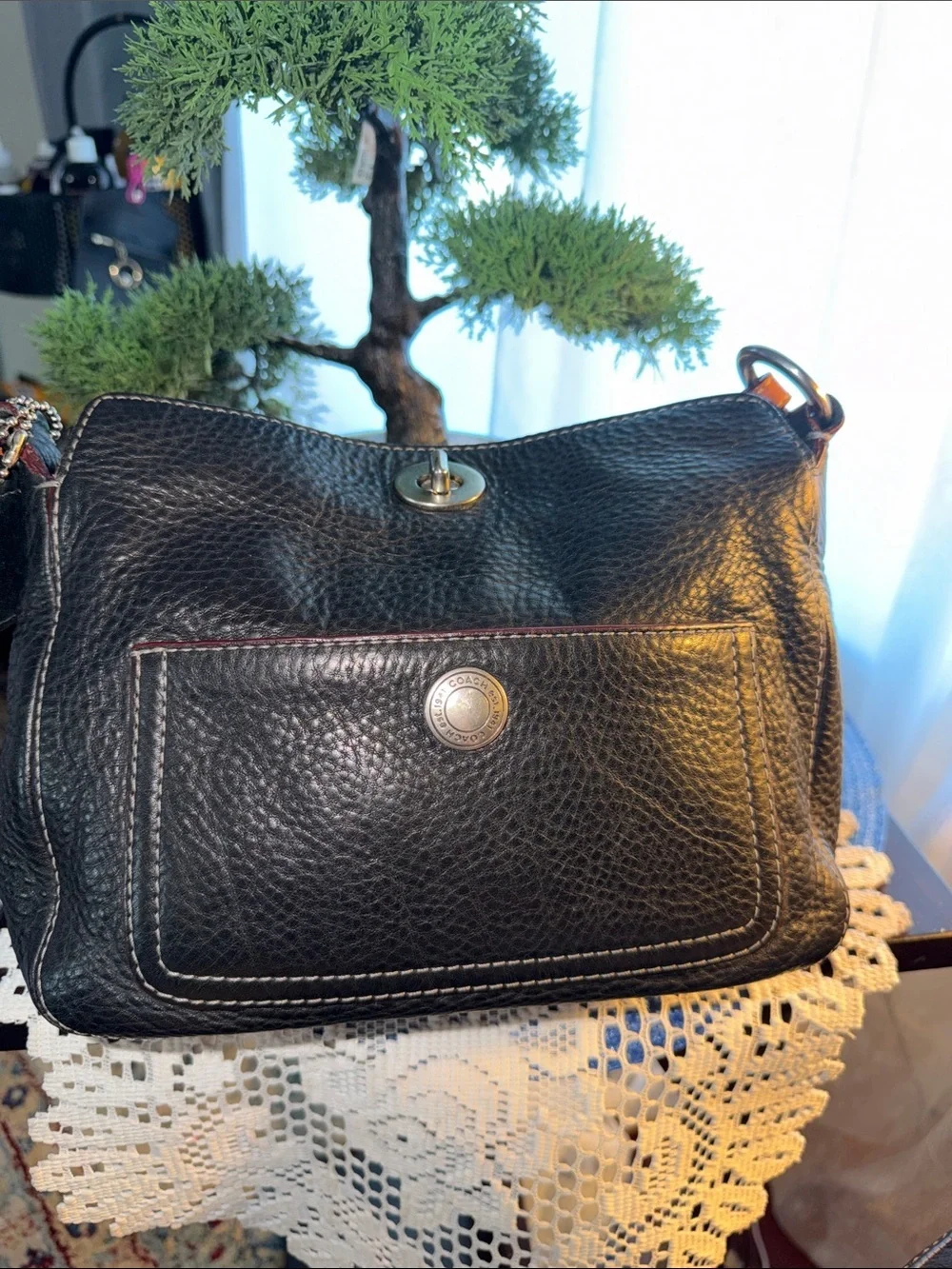 Vintage Coach D04S-9378 black Pebbled Leather Hobo Bag Pink Satin Lining
